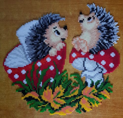 Mary G. Hedgehogs playing in the Autumn bounty, Hamabeads.